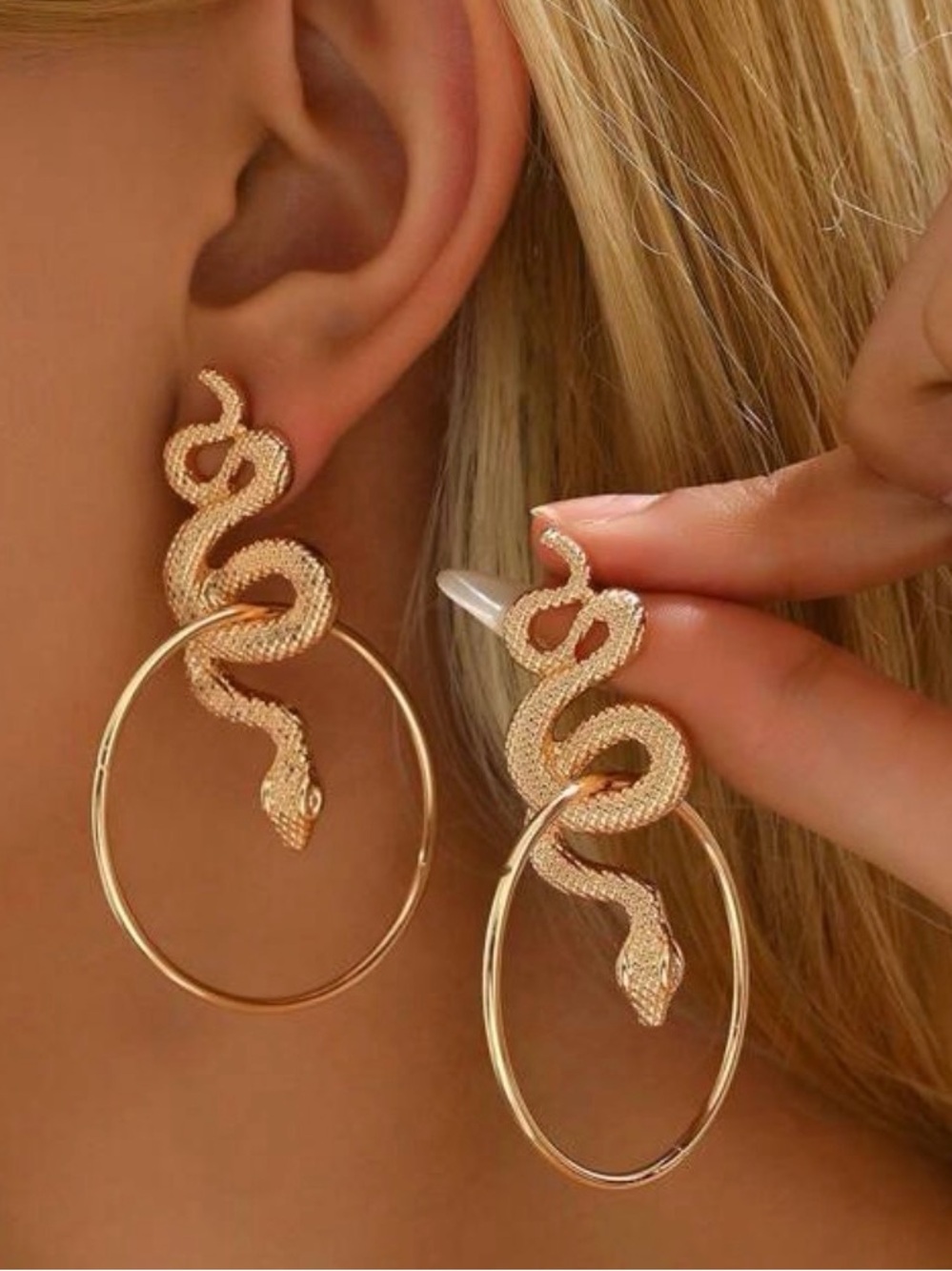 Gold Snake Hoop Drop Earrings - Women Jewelry